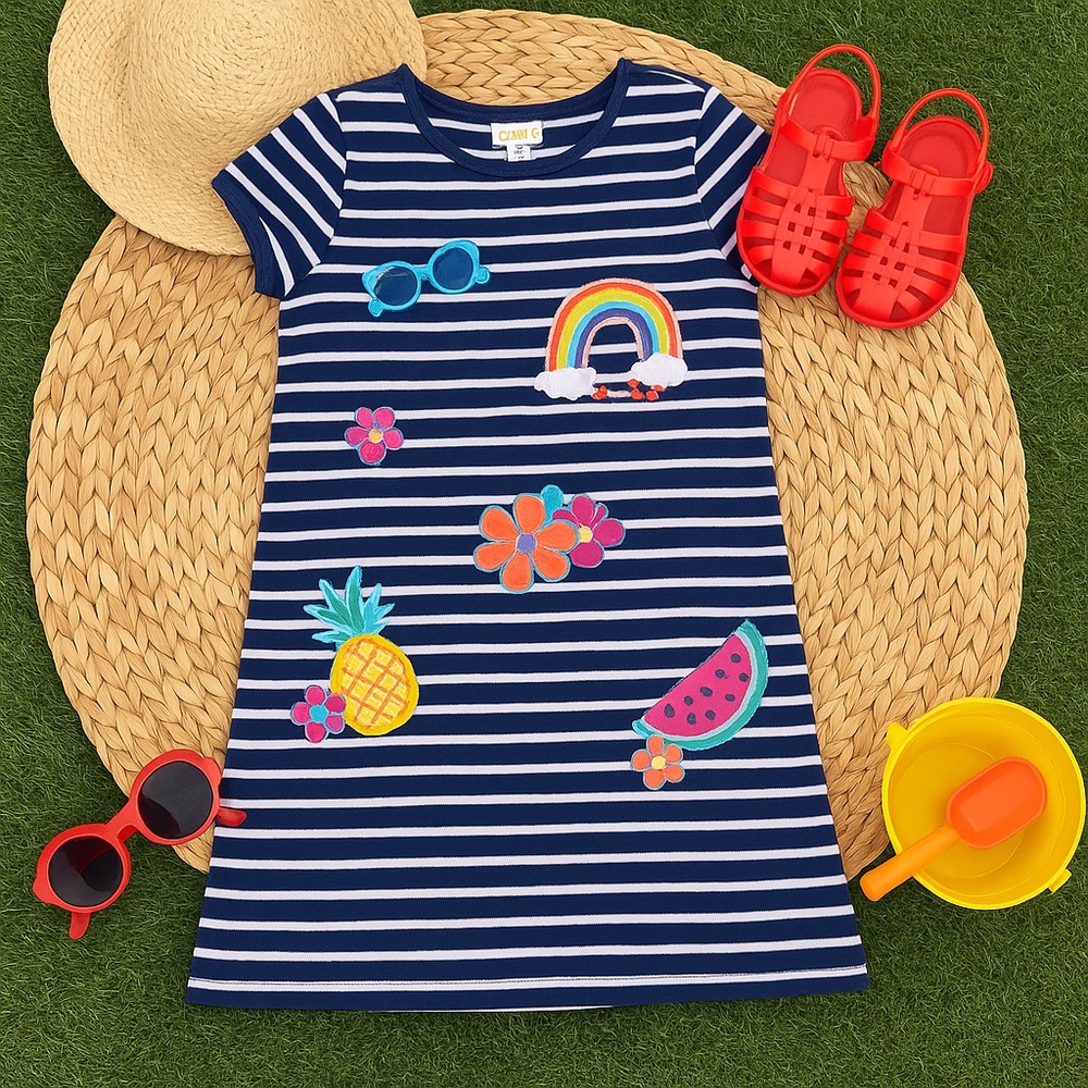 Gymboree Girls Striped Dress Size 10 Rainbow Fruit Applique Summer
